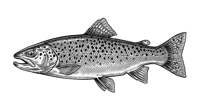 Hand Drawn Trout Ink Sketch in Vintage Cross Hatching Engraved Style