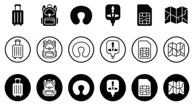 A collection of travel-related icons presented in three distinct styles: solid black, outlined within circles, and solid black within circles.