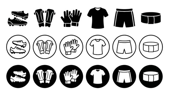 Collection of sports equipment icons including soccer cleats, shin guards, gloves, jerseys, shorts, and pucks in various styles.