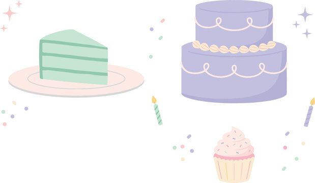 Pastel birthday cake vector set featuring tiered purple cake slice on plate pink cupcake candles and confetti decorations vector illustration.
