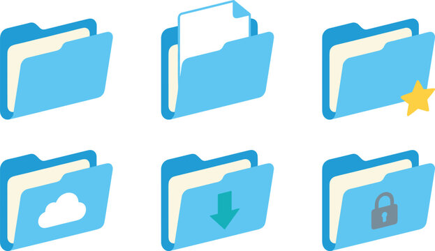Blue file folder icon set featuring open directories with document sheet star cloud download arrow and security padlock symbols vector illustration.