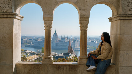 Fototapeta premium Enjoying the breathtaking view of Budapest from Fishermans Bastion with a stunning cityscape