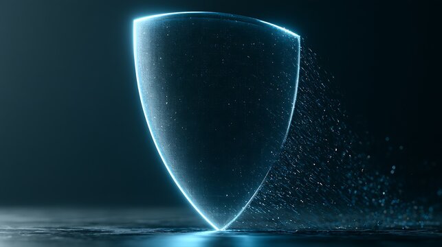 Luminous shield standing between data and incoming threat particles, cyber defense concept,