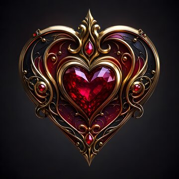 Ornate vintage heart jewelry with ruby gemstone, gothic gold filigree heart pendant, luxury romantic valentine accessory on black background