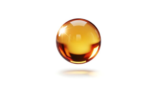 Single translucent golden amber sphere floating on a white background, with soft reflections, and a subtle, drop shadow beneath, the round