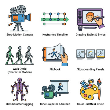 Animation production tools and techniques icons set.