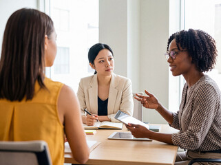 Photograph of diverse businesswomen collaborating during a meeting in a modern office environment. © Athena Studio