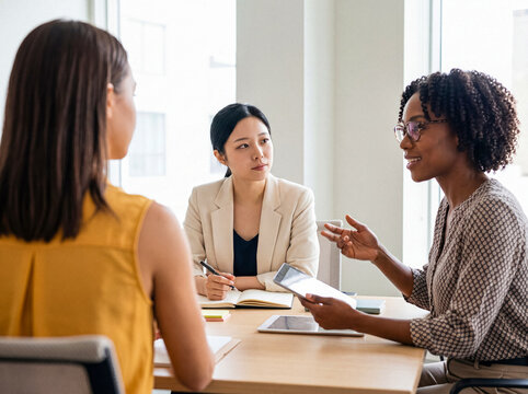 Photograph of diverse businesswomen collaborating during a meeting in a modern office environment.