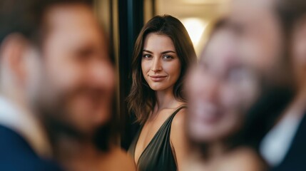 Obraz premium Young brunette woman in elegant dark green dress stands in sharp focus, gazing at blurred couple laughing in upscale evening event setting, conveying subtle social exclusion
