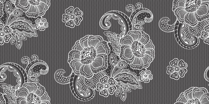 Vector Vintage lace seamless pattern with ornate floral details. Decorative hand-drawn romantic background. Design for wedding invitations, valentine cards, love branding
