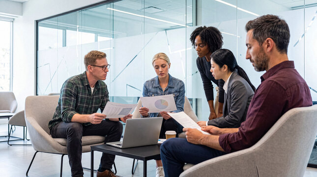 Diverse business team reviewing charts and documents during a focused collaborative meeting in an office lounge.