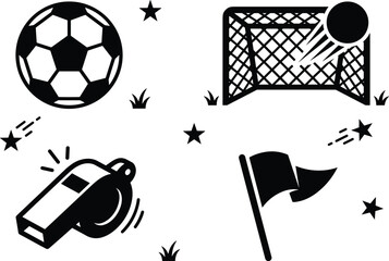 Soccer football sport equipment vector silhouette icon set featuring ball goal net referee whistle and corner flag elements © REYAD