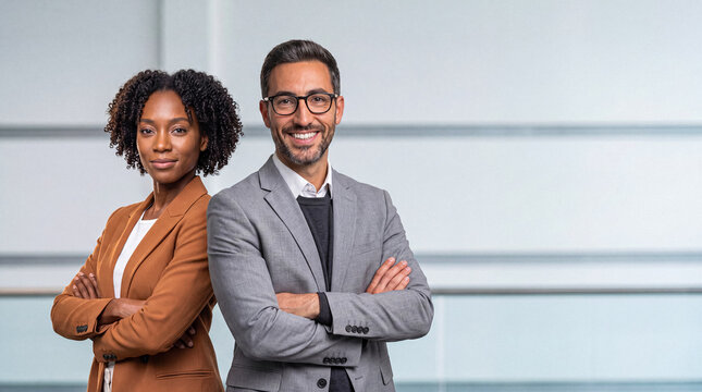 Professional diverse business team standing with arms crossed, looking confidently at camera with copy space.