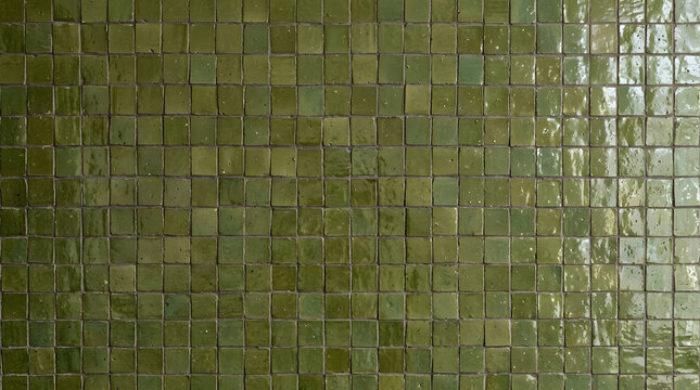Green Tile Texture: A detailed close-up showcases the subtle variations and reflective sheen of numerous small, square green tiles, creating a visually rich surface texture.