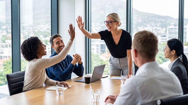 Energetic multiethnic business team celebrating a successful project with high fives in a bright office.