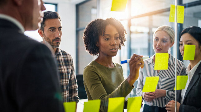 Diverse business team collaboratively brainstorming creative ideas on a glass wall with sticky notes in a bright modern.