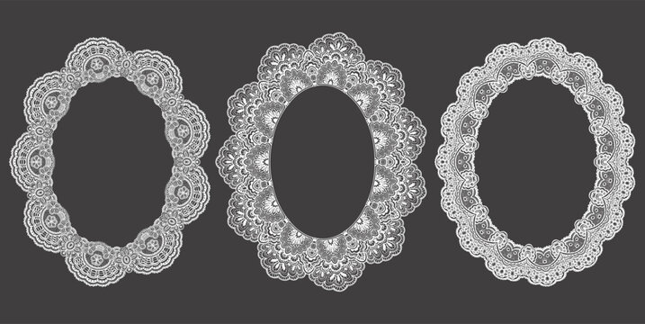 Vector set of Vintage lace oval frames with ornate floral details. Decorative hand-drawn romantic borders. Design for wedding invitations, valentine cards, love branding, stationery