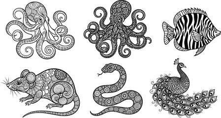 Detailed mandala animal coloring page vector set containing ornamental octopus tropical fish mouse coiled snake and majestic peacock © MdOsiar