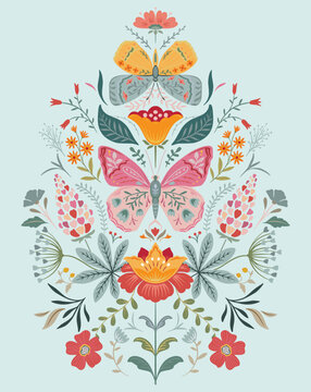Vector Folk Nordic art posters template with insects and plants. Butterflies in flower ornament. Modern trendy minimal style. Hand drawn design for wall decor, print, postcard, cover, banner.