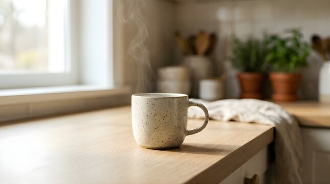 Cozy ceramic mug with steaming hot drink on a wooden kitchen countertop near a window.