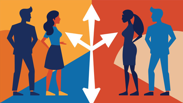 Diverse silhouettes confronting a crossroads with divergent arrows symbolizing choice and decision making