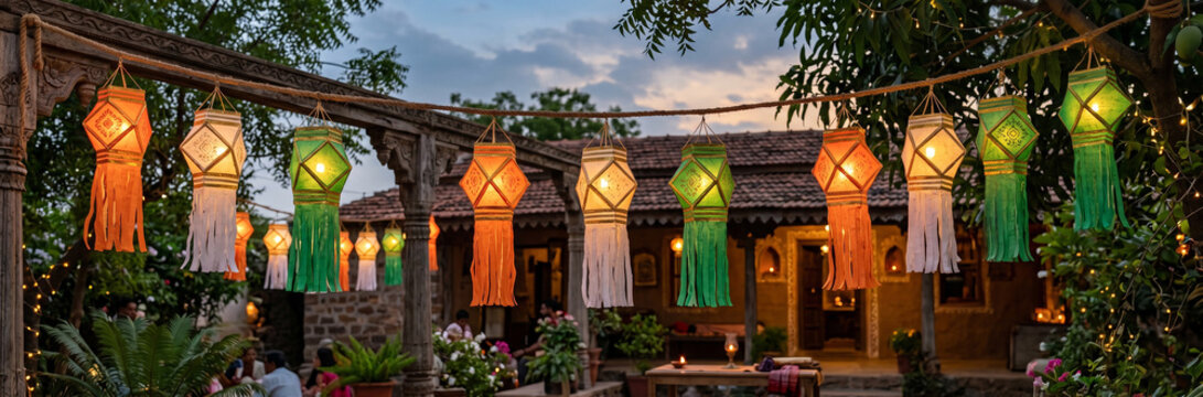 Indian independence day background with traditional paper lanterns