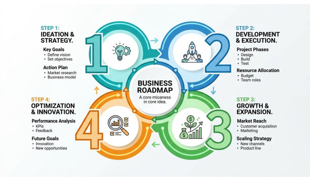 Creative Four Step Business Roadmap Infographic Template for Strategic Planning Vector Illustration
