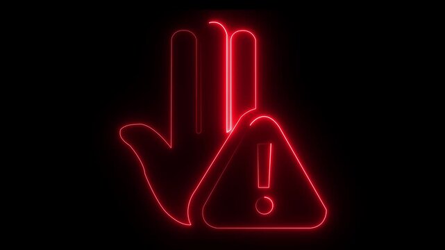 Prohibitory sign Animation with a raised hand with neon tringle icon. Danger warning with hand. prohibited Hand icon.