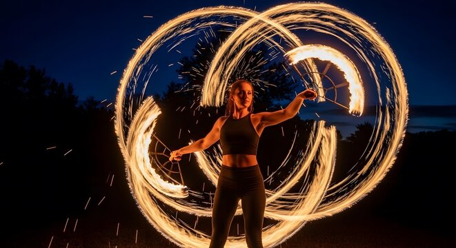 Female fire dancer performing with flaming poi, creating glowing circular light trails in the dark.