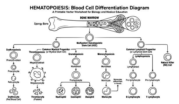 Hematopoiesis Process Outline Coloring Worksheet Featuring Bone Marrow and Blood Cell Differentiation Vector Set
