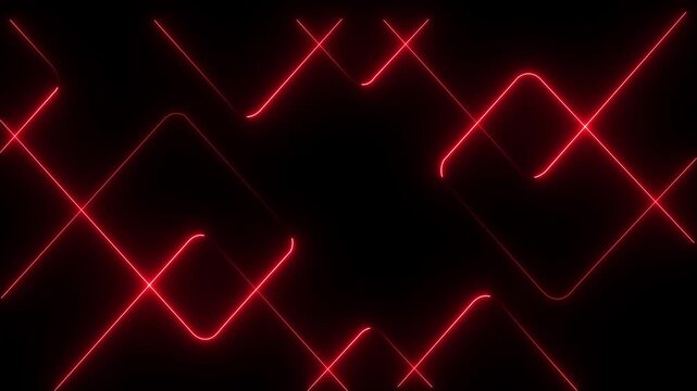 A vibrant abstract background featuring dynamic neon line patterns in shades of red . Neon red laser lines animation with black background.