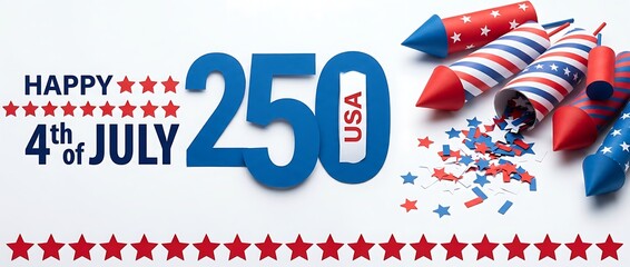 Fototapeta premium Happy 4th of July USA 250th anniversary celebration with fireworks and confetti on white background.