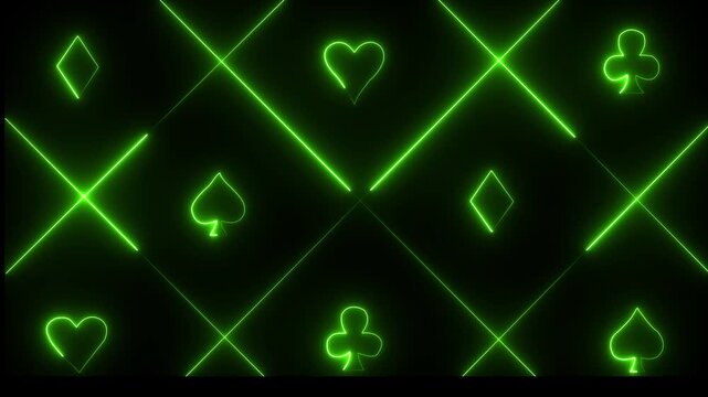 neon spade suit or symbol of playing card, 4k gambling animation. Neon playing cards glowing on black background. Abstract animation background. Concept of online casino and bet