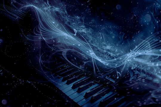 Vibrant music notes dance in abstract waves, evoking harmony and rhythm