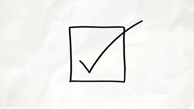 Static shot of hand drawing check box then marking check on crumpled paper sheet with ink sketch outline centered on plain textured background