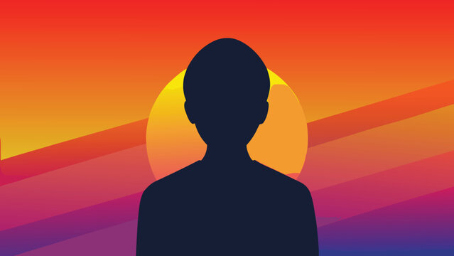 Silhouette of a person against a vibrant sunset with retro synthwave stripes
