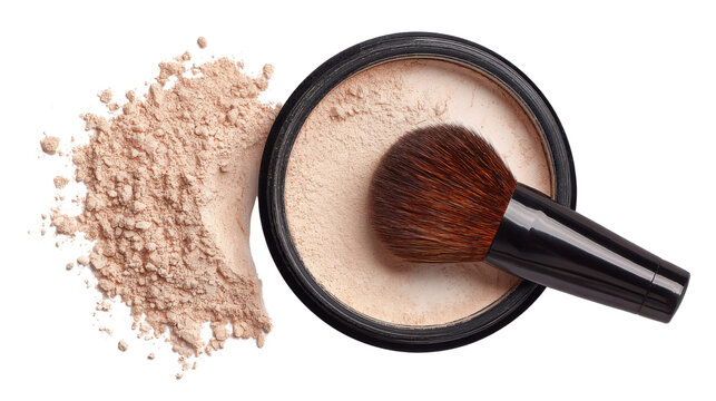 Loose face setting powder with cosmetic makeup brush and spilled beauty powder isolated for professional skincare and cosmetics advertising on white background