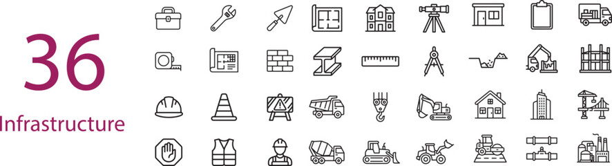 Industrial Infrastructure and Building Construction Line Icons Set Featuring Cement Mixers Excavators Blueprint Layouts Safety Helmets Traffic Cones Pipelines and Engineering Level Tools © vectorzking