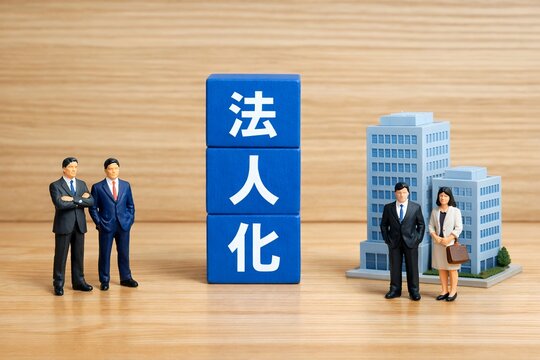 法人化と会社設立を目指すビジネスチーム経営戦略と会社建物の模型写真