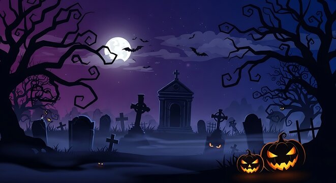 Spooky halloween cemetery scene with jack o' lanterns and full moon
