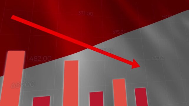 Indonesia economy economic recession concept animation loop, decreasing financial chart arrow with waving diagonal Indonesian flag background
