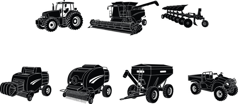 Black silhouette vector collection of heavy agricultural machinery, including tractors, combine harvesters, balers, and farming equipment