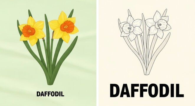 Daffodil illustration set vibrant color floral design and detailed black and white line art