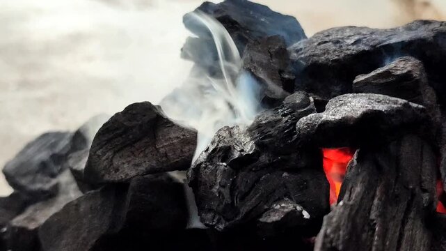 Smoky wood charcoal. Charcoal is a black, carbonaceous residue produced by burning wood without oxygen (pyrolysis). This material is widely used as a cooking fuel