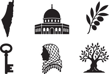 Cultural Heritage Silhouette Icon Set Featuring Palestine Map Outline Dome of the Rock Mosque Olive Branch Traditional Keffiyeh Headscarf Historic Return Key and Olive Tree © vectorzking