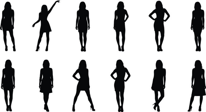 Collection of elegant female fashion model silhouettes wearing short dresses in various standing poses vector illustration