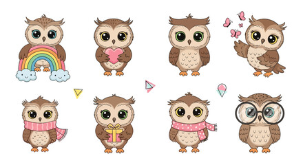 Obraz premium Cute cartoon owl set with various accessories and expressions