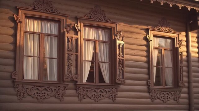 Ornate wooden window frames with intricate carvings on a log cabin wall.