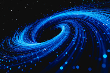 Fototapeta premium A swirling spiral-shaped galaxy made of luminous blue particles, set against a dark star-filled deep space background.