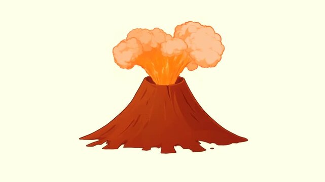Static shot of volcano erupting with rising orange lava plume and expanding smoke clouds on plain pale background in animation